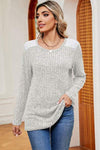 Eyelet Ribbed Round Neck Long Sleeve T-Shirt Light Gray Women's T-Shirts - Tophatter Daily Deals