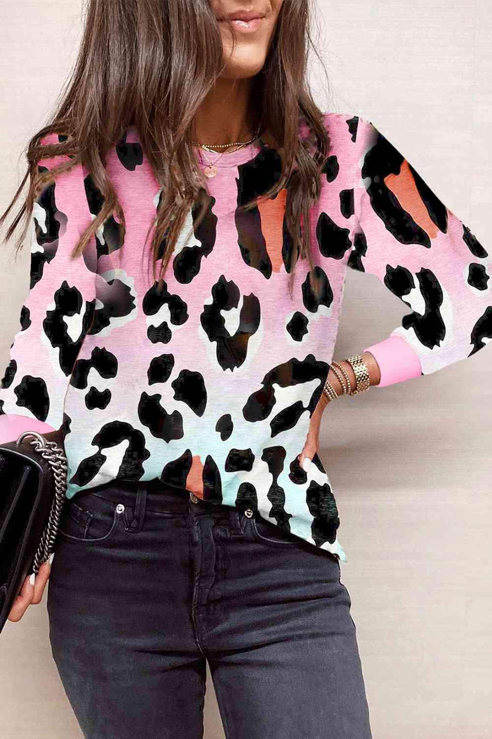 Full Size Printed Round Neck Long Sleeve T-Shirt Women's T-Shirts - Tophatter Daily Deals