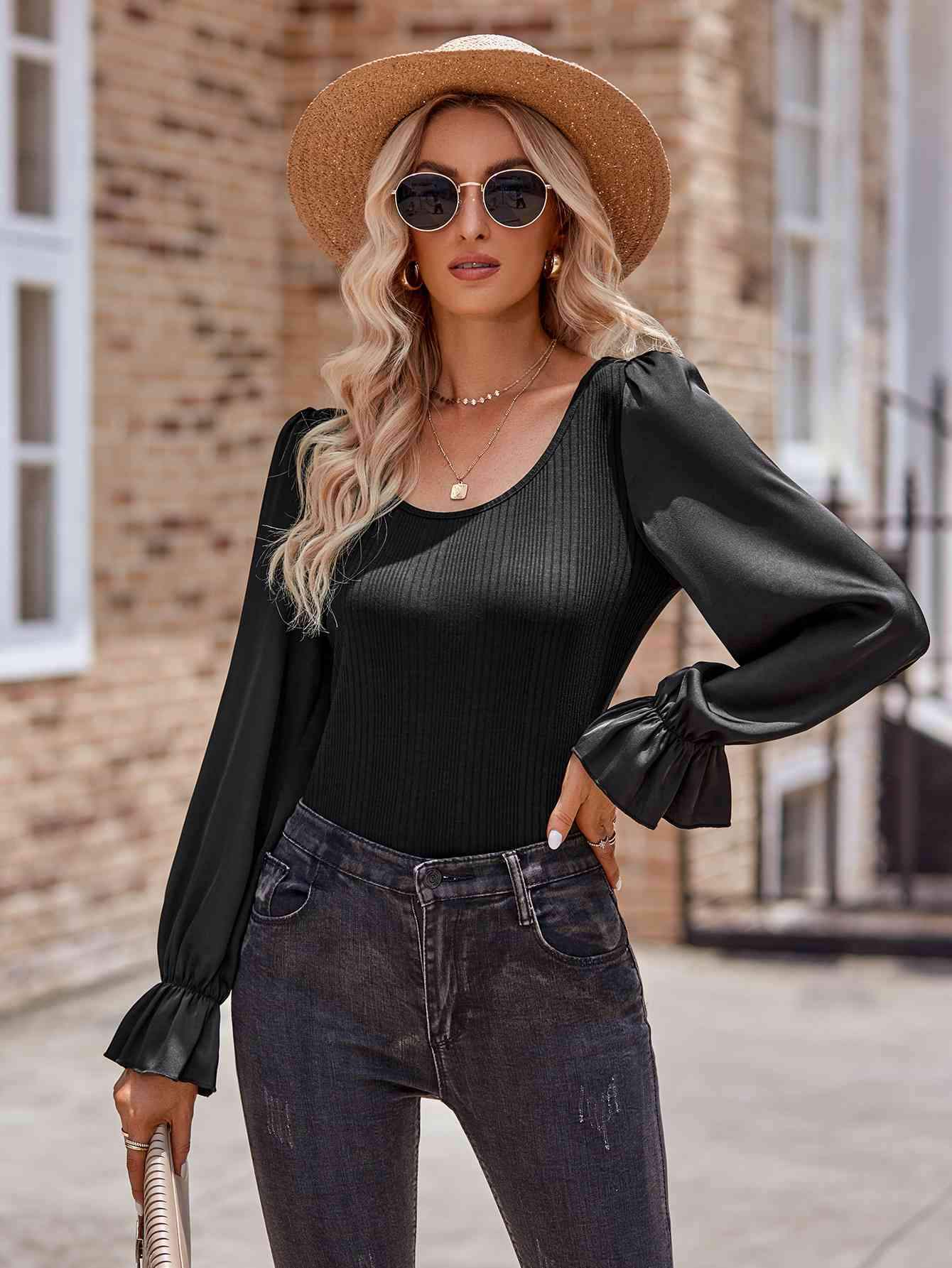 Long Flounce Sleeve Round Neck Blouse Blouses - Tophatter Daily Deals