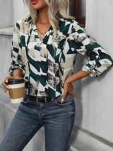 Johnny Collar Printed Long Sleeve Blouse Blouses - Tophatter Daily Deals