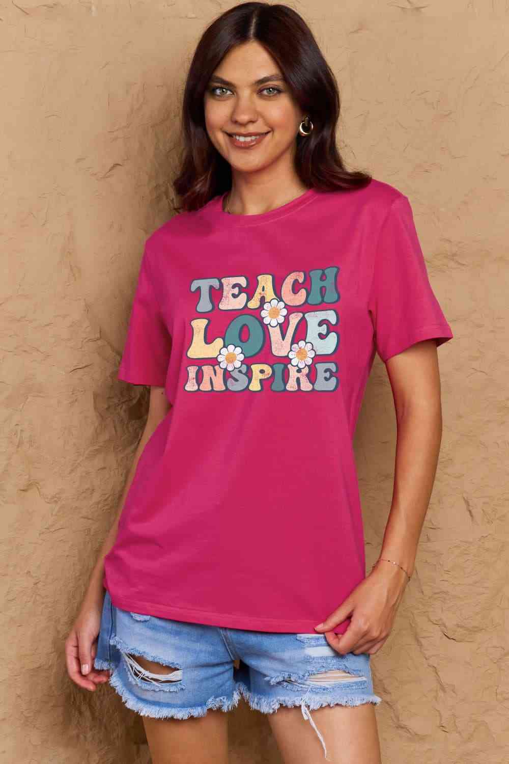 Simply Love Full Size TEACH LOVE INSPIRE Graphic Cotton T-Shirt Deep Rose Women's T-Shirts - Tophatter Daily Deals