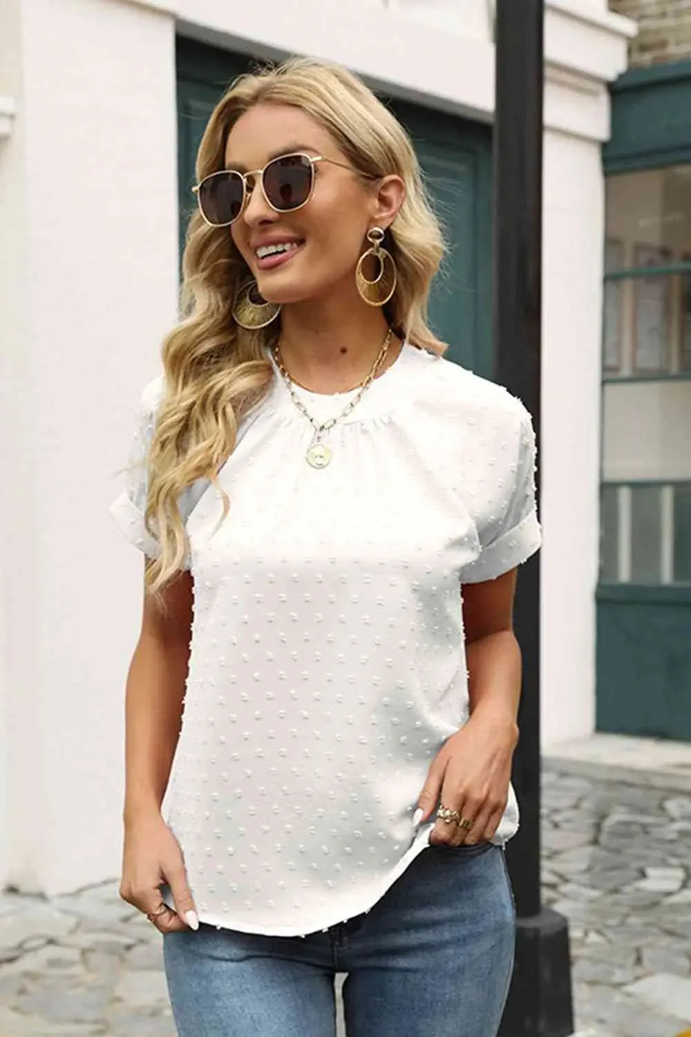 Swiss Dot Round Neck Short Sleeve Blouse White Blouses - Tophatter Daily Deals