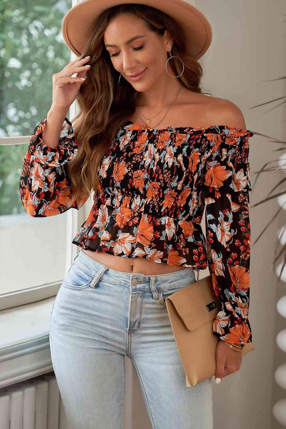 Floral Smocked Off-Shoulder Peplum Top Floral Blouses - Tophatter Daily Deals