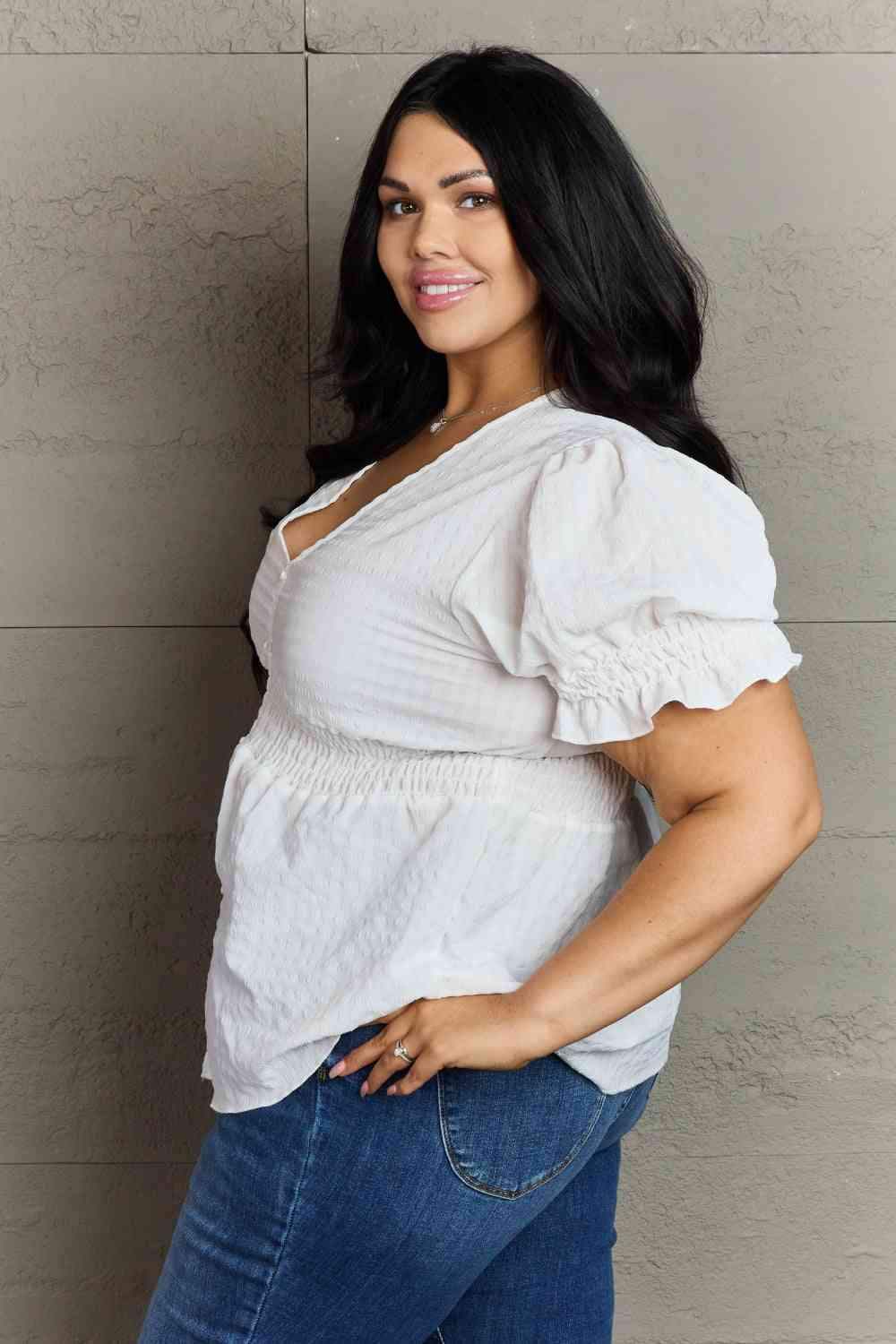 Culture Code Sweet Serenity Full Size V-Neck Puff Sleeve Button Down Top Blouses - Tophatter Daily Deals