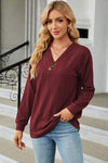 Decorative Button V-Neck Long Sleeve T-Shirt Wine Women's T-Shirts - Tophatter Daily Deals