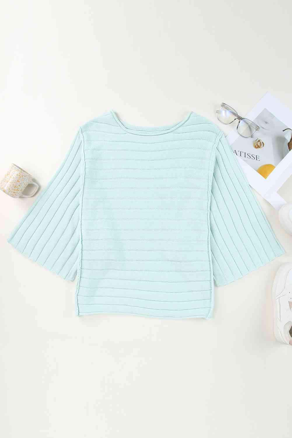 Round Neck Exposed Seams Pullover Top Mint Blue Blouses - Tophatter Daily Deals