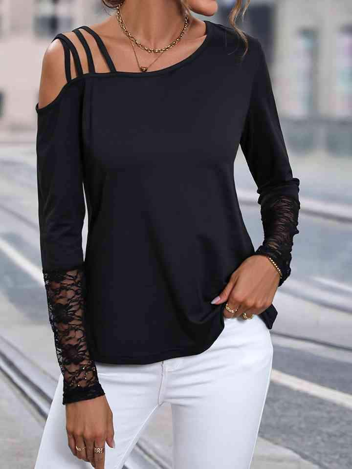 Asymmetrical Neck Lace Detail Top Black Women's T-Shirts - Tophatter Daily Deals