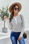 Striped Button-Up Lace Detail Long Sleeve Blouse Blouses - Tophatter Daily Deals