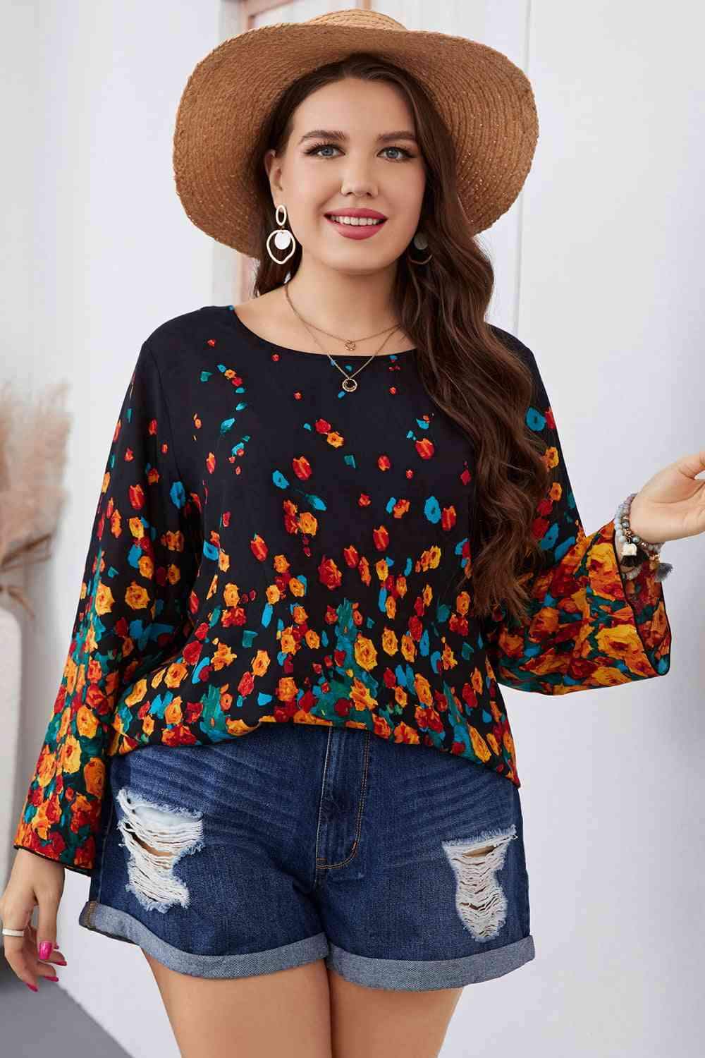 Melo Apparel Plus Size Floral Round Neck Long Sleeve Blouse Blouses - Tophatter Daily Deals