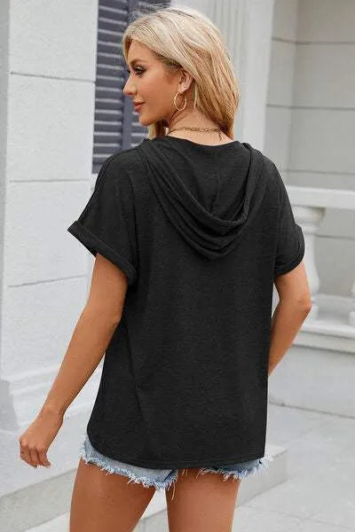 Half Button Drawstring Short Sleeve Hooded T-Shirt Women's T-Shirts - Tophatter Daily Deals
