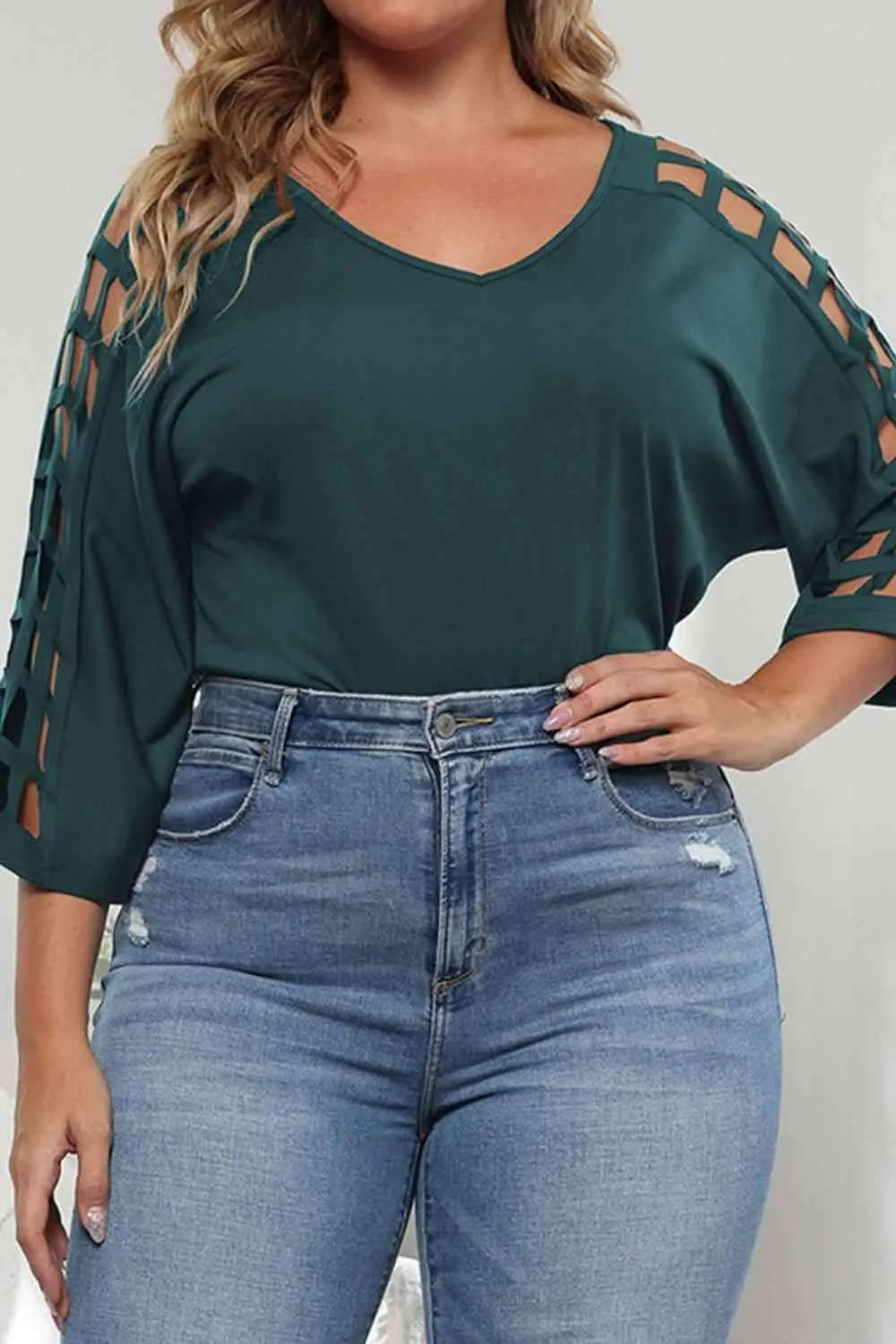 Plus Size Cutout Three-Quarter Sleeve Blouse Forest Blouses - Tophatter Daily Deals