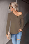 Waffle-Knit Button Detail V-Neck Top Blouses - Tophatter Daily Deals