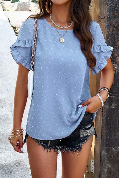 Swiss Dot Decorative Button Round Neck T-Shirt Sky Blue Women's T-Shirts - Tophatter Daily Deals