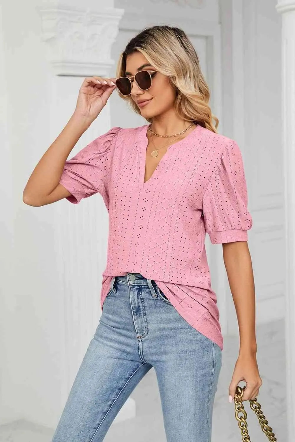 Eyelet Short Puff Sleeve Notched Neck Top Blouses - Tophatter Daily Deals