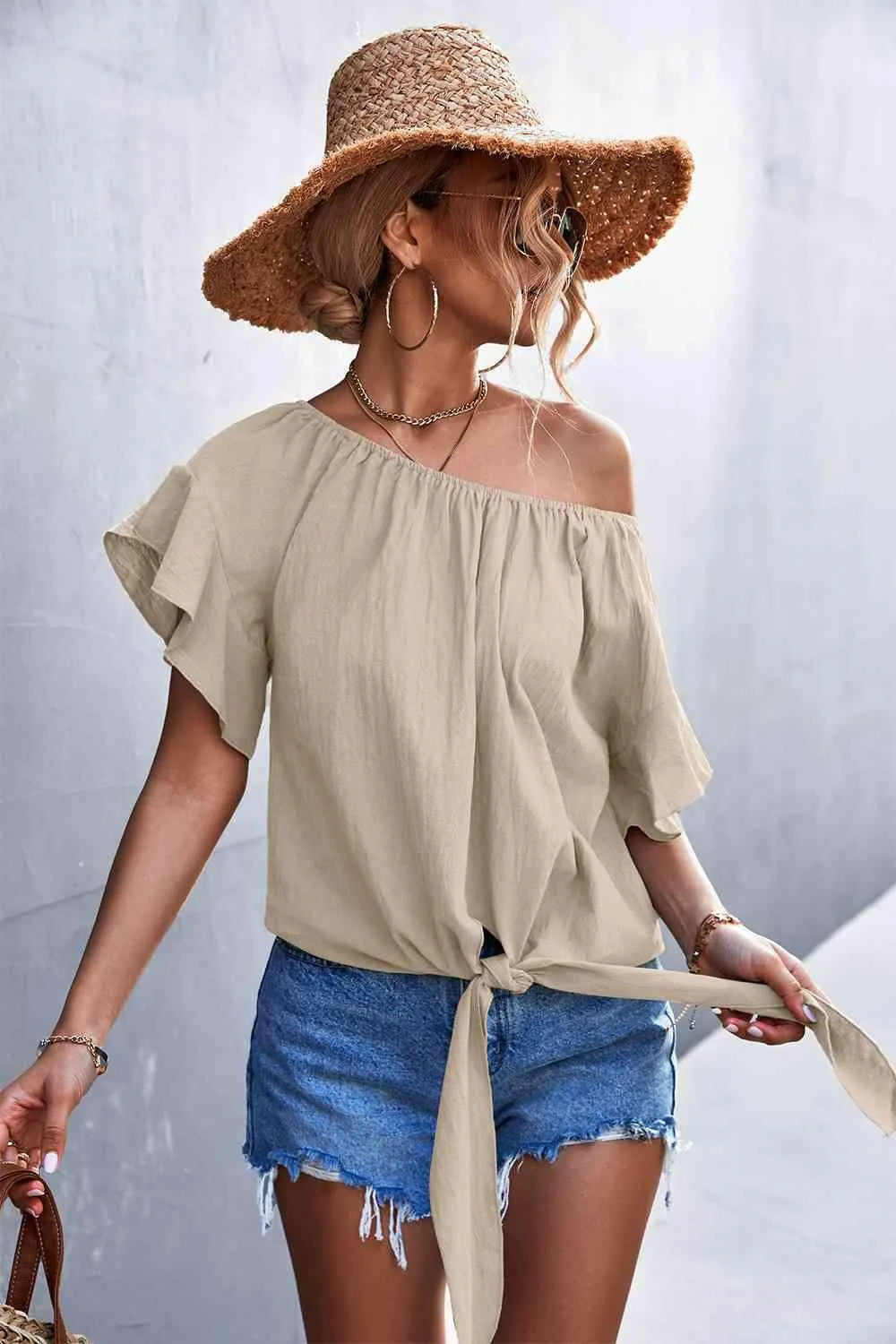 Flutter Sleeve Tie-Front Blouse Beige Blouses - Tophatter Daily Deals