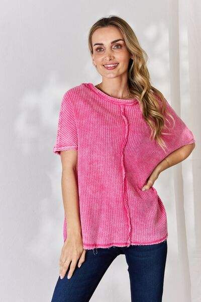 Zenana Oversized Baby Waffle Short Sleeve Top Blouses - Tophatter Daily Deals