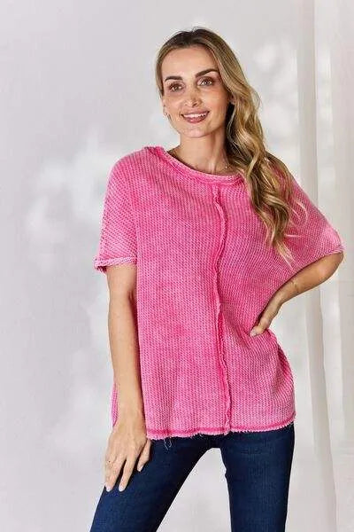 Zenana Oversized Baby Waffle Short Sleeve Top Blouses - Tophatter Daily Deals