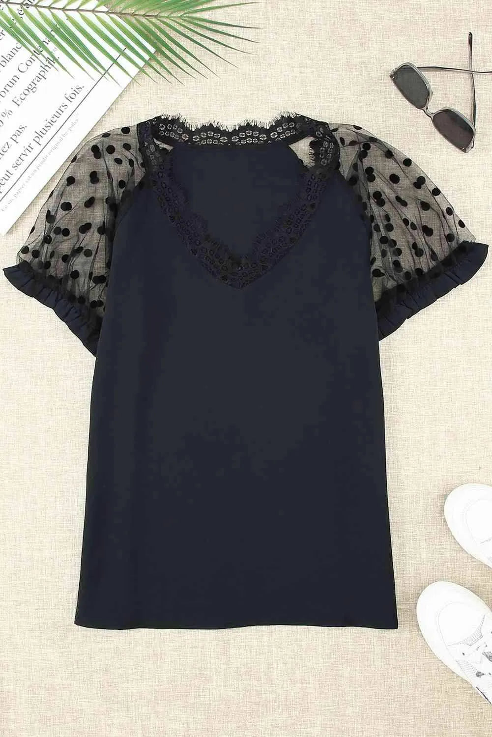 Polka Dot Lace Trim Spliced Mesh Blouse Blouses - Tophatter Daily Deals