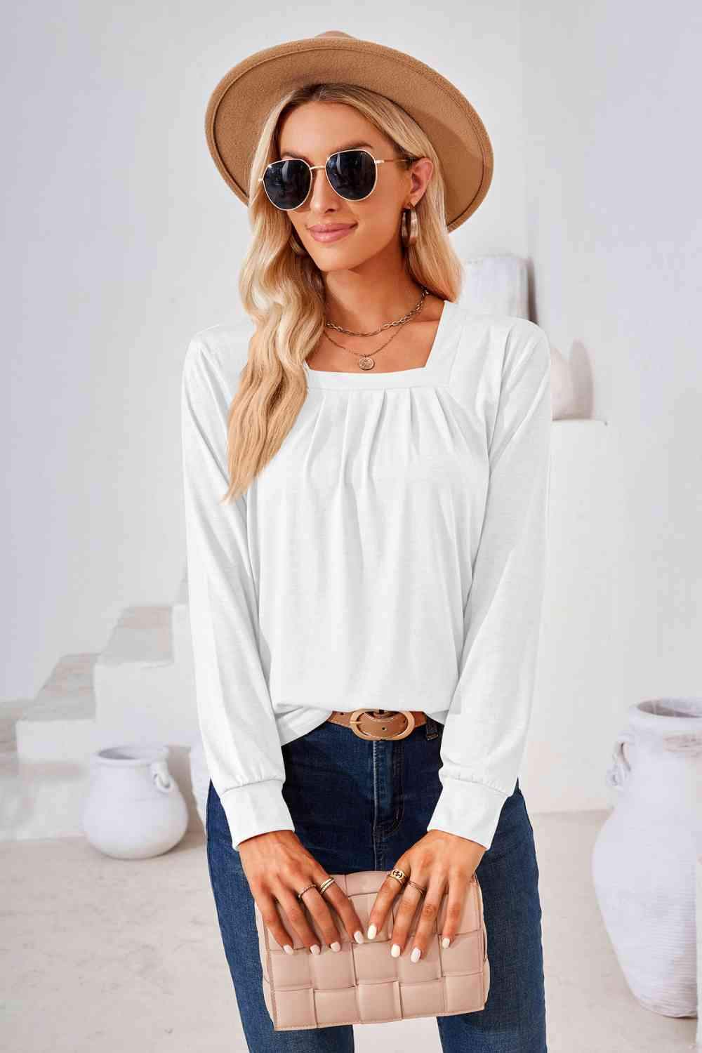 Square Neck Ruched Long Sleeve Blouse Blouses - Tophatter Daily Deals