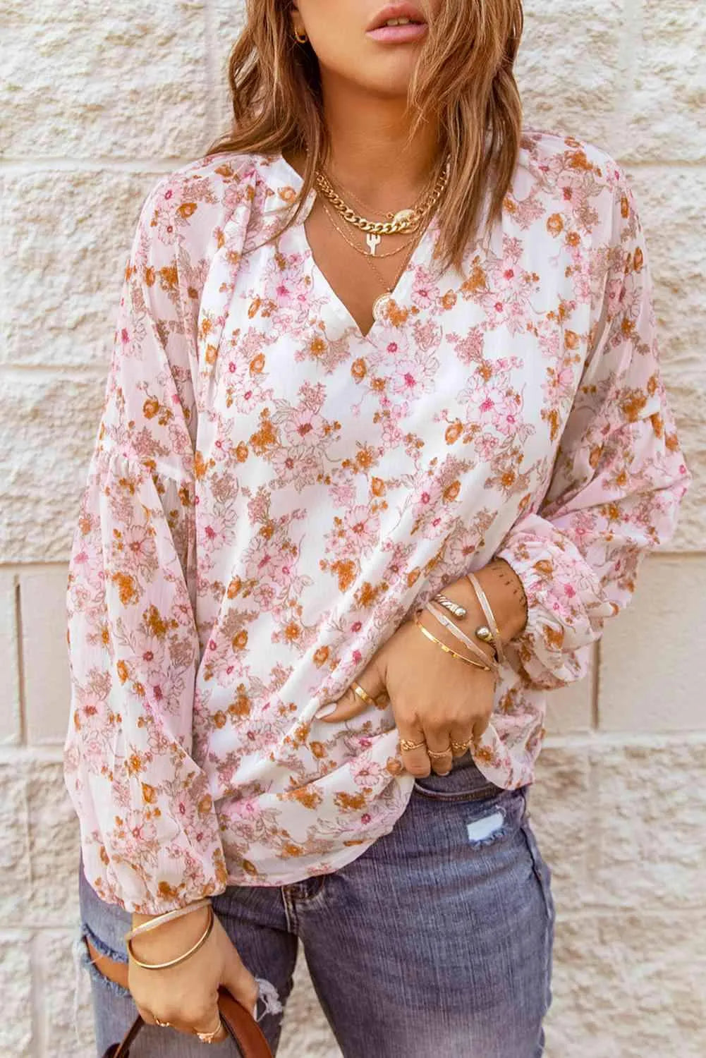 Floral Balloon Sleeve Notched Neck Blouse Pink Beige Blouses - Tophatter Daily Deals