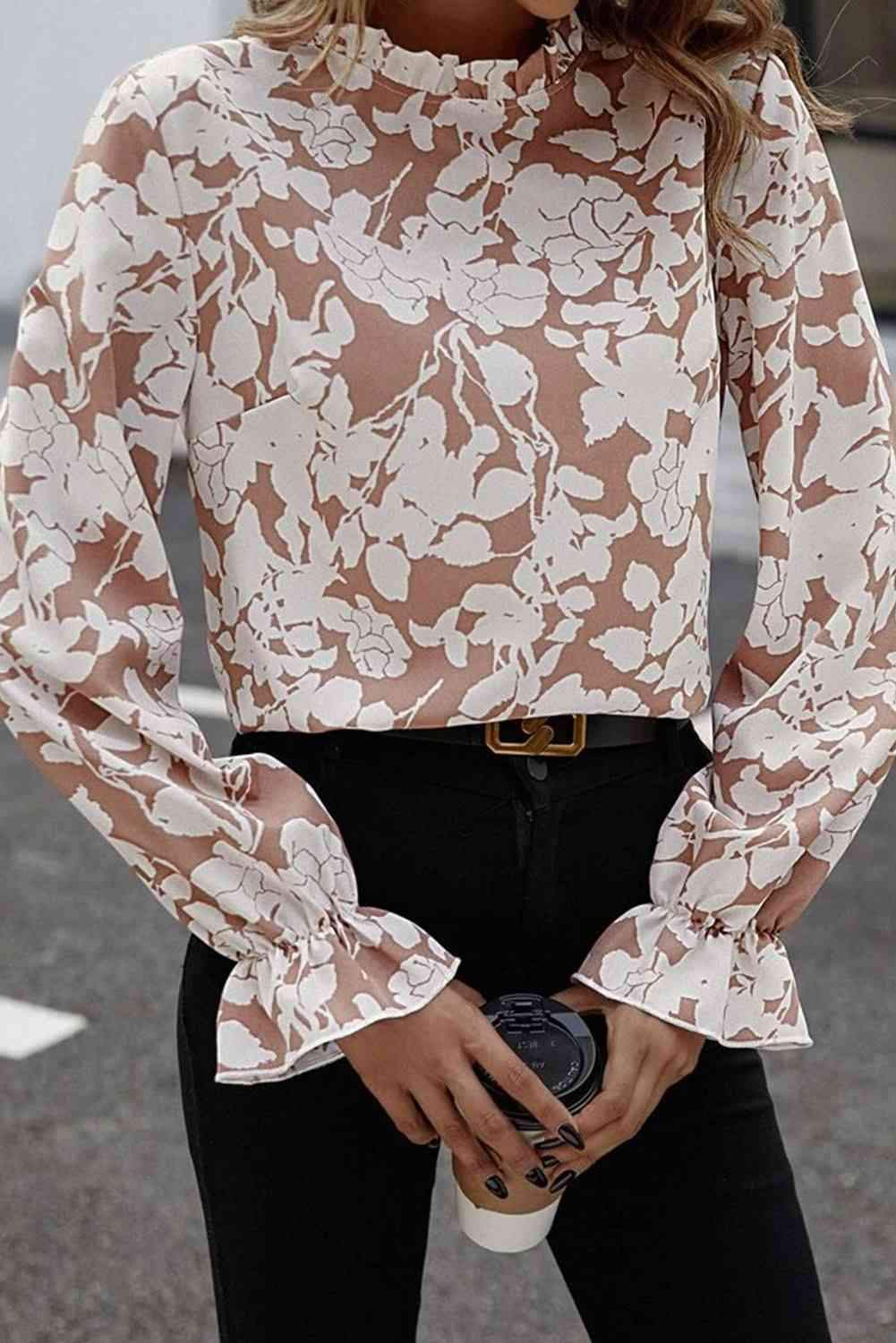 Floral Print Mock Neck Flounce Sleeve Blouse Blouses - Tophatter Daily Deals