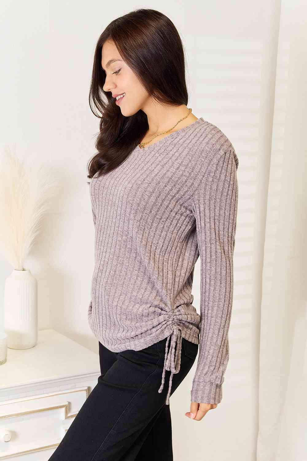 Double Take Drawstring Ribbed Long Sleeve T-Shirt Women's T-Shirts - Tophatter Daily Deals