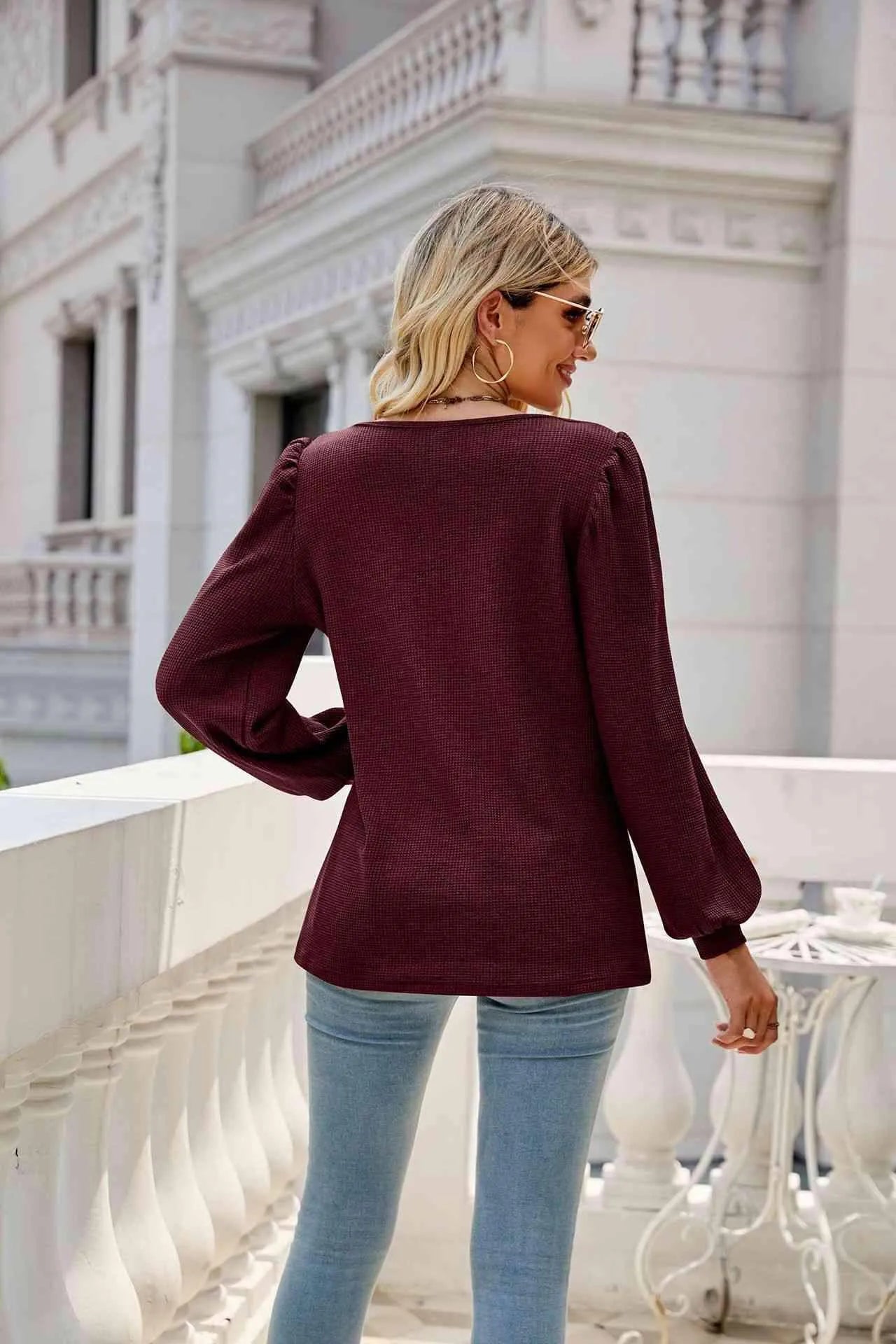 Waffle-Knit Puff Sleeve Square Neck Top Blouses - Tophatter Daily Deals