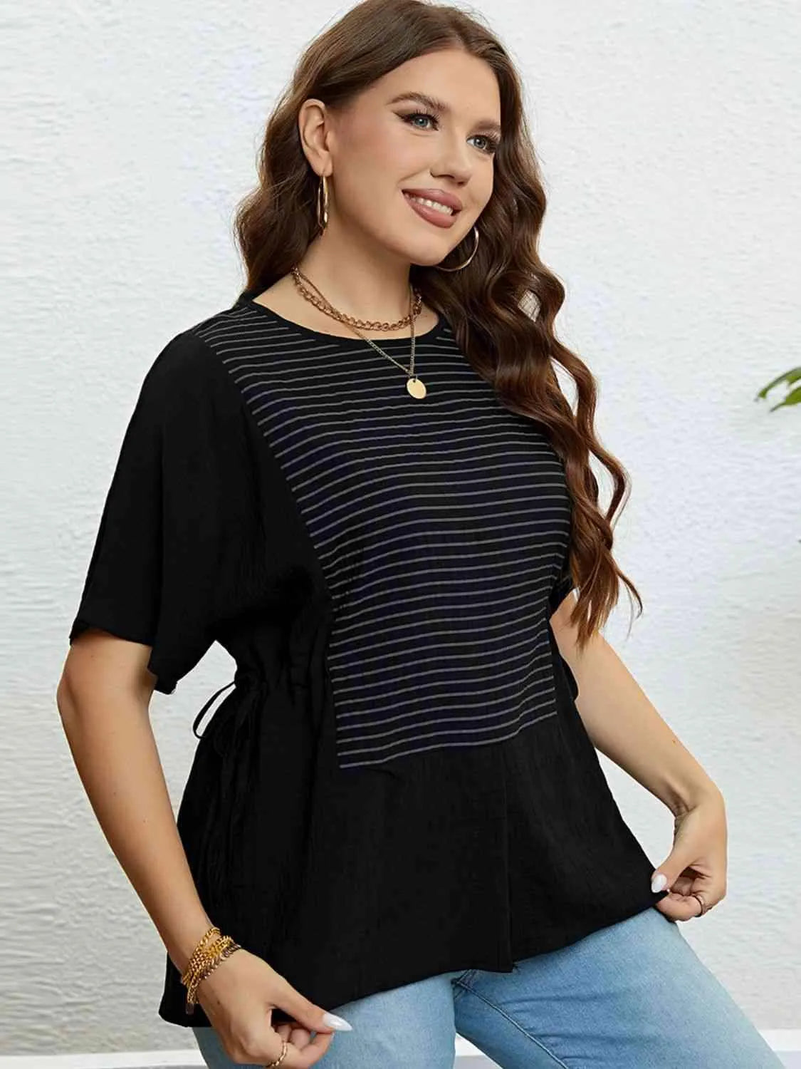 Plus Size Striped Drawstring Slit Top Blouses - Tophatter Daily Deals