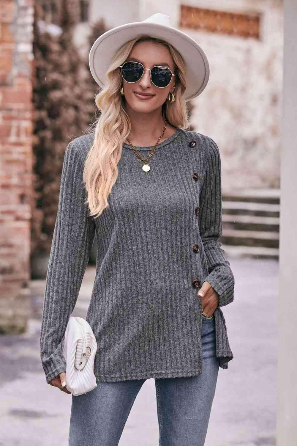 Double Take Ribbed Round Neck Buttoned Tee Charcoal Women's T-Shirts - Tophatter Daily Deals