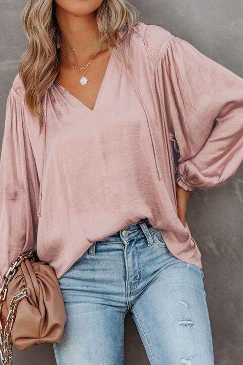 Tie Neck Long Sleeve Blouse Dusty Pink Blouses - Tophatter Daily Deals