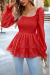 Square Neck Flounce Sleeve Peplum Top Red Blouses - Tophatter Daily Deals