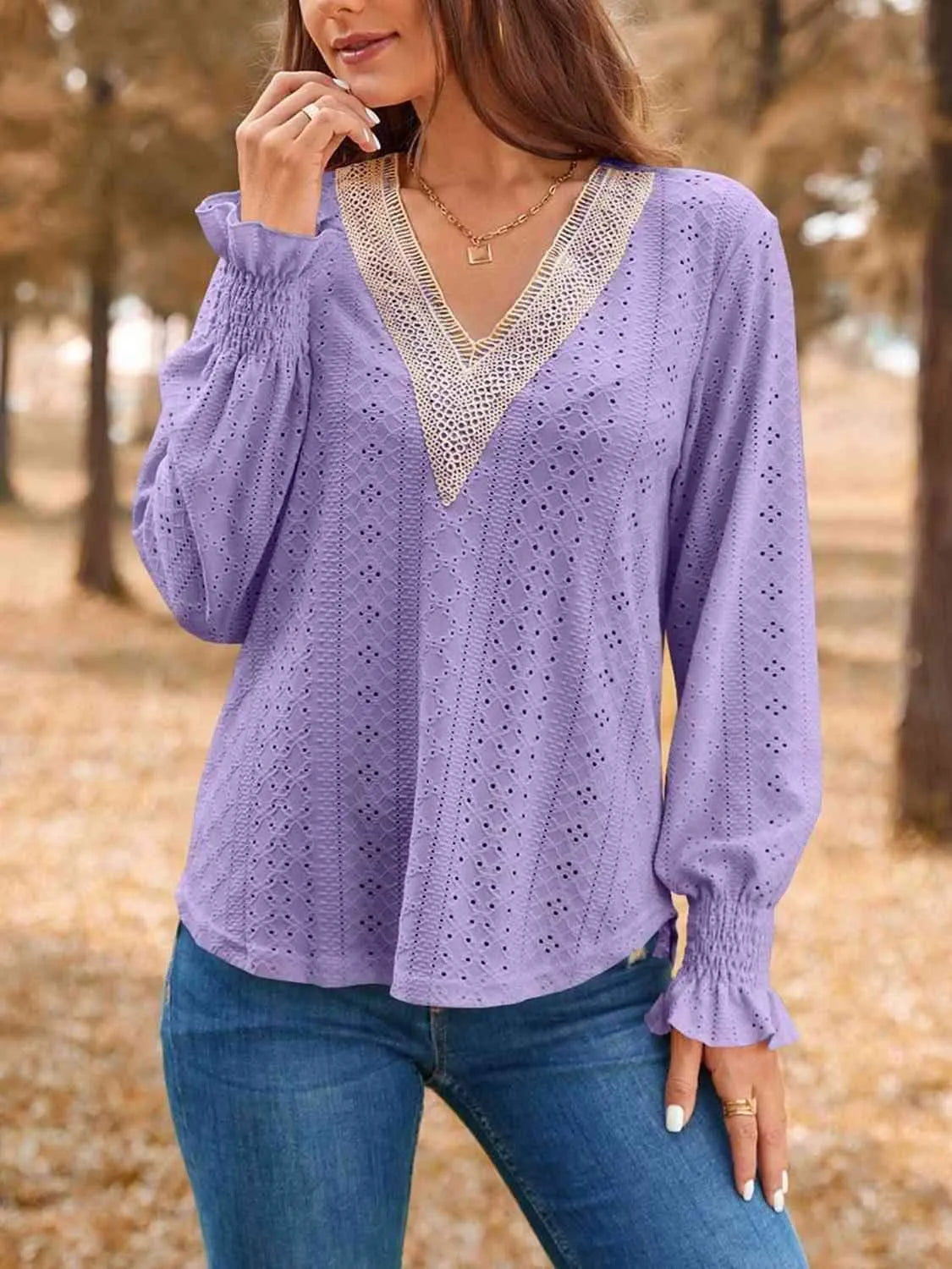 Eyelet V-Neck Flounce Sleeve Top Lavender Blouses - Tophatter Daily Deals