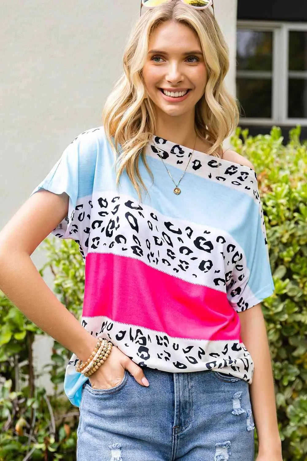 Leopard Print Color Block Tee Shirt Women's T-Shirts - Tophatter Daily Deals