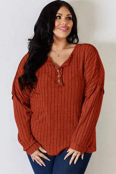 Basic Bae Full Size Ribbed Half Button Long Sleeve T-Shirt Women's T-Shirts - Tophatter Daily Deals