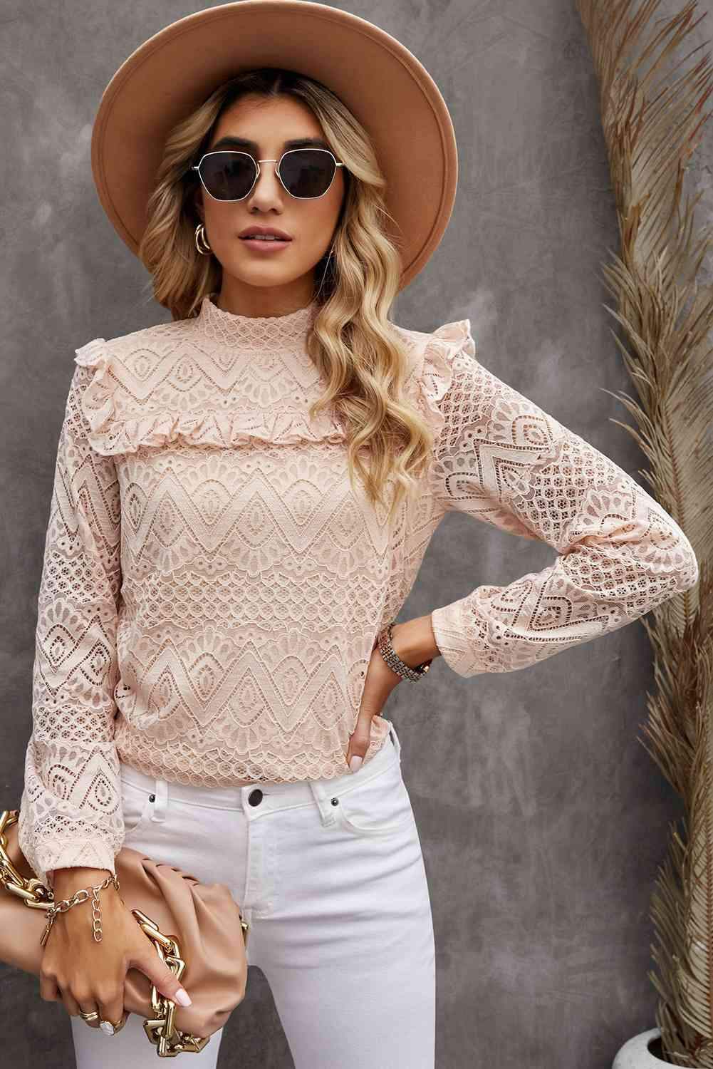 Ruffled Lace Mock Neck Blouse Blouses - Tophatter Daily Deals