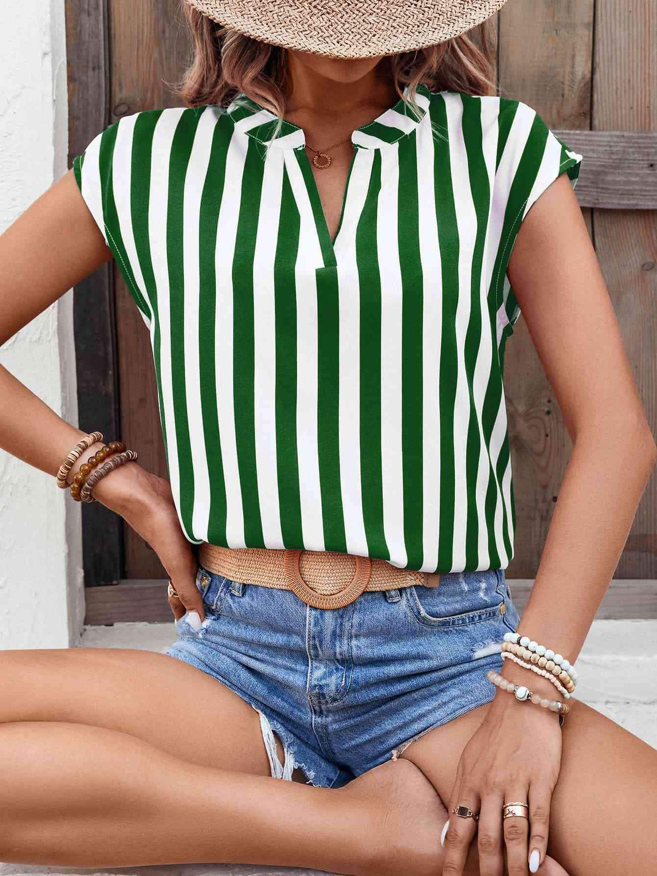 Striped Notched Neck Cap Sleeve Blouse Blouses - Tophatter Daily Deals