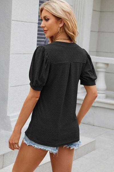 Eyelet Notched Puff Sleeve T-Shirt Women's T-Shirts - Tophatter Daily Deals