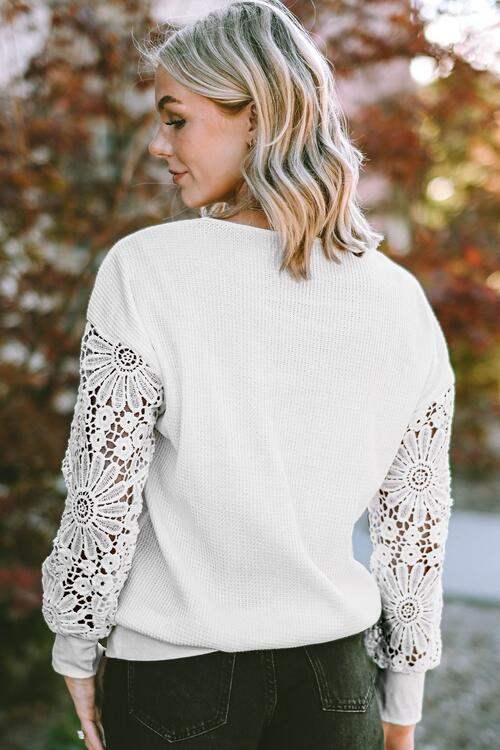 V-Neck Crochet Long Sleeve Blouse Blouses - Tophatter Daily Deals