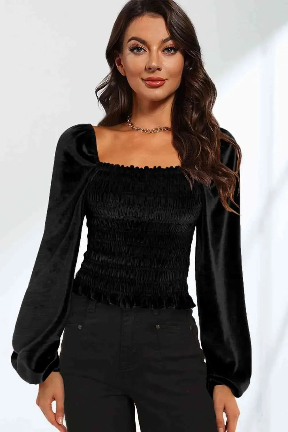Double Take Smocked Square Neck Long Sleeve Blouse Black Blouses - Tophatter Daily Deals