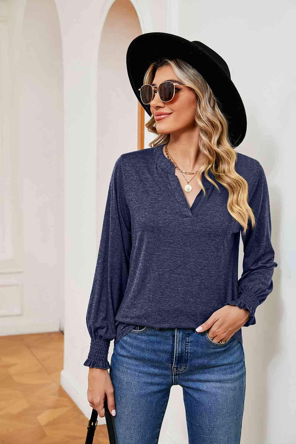 Notched Neck Long Sleeve Blouse Blouses - Tophatter Daily Deals