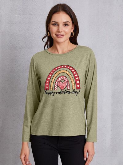 HAPPY VALENTINE'S DAY Round Neck Long Sleeve T-Shirt Sage Women's T-Shirts - Tophatter Daily Deals