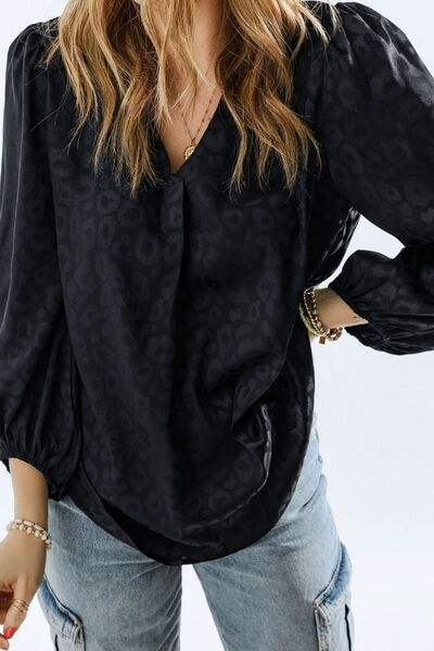 Leopard V-Neck Balloon Sleeve Blouse Blouses - Tophatter Daily Deals