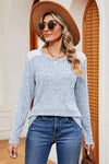 Eyelet Ribbed Round Neck Long Sleeve T-Shirt Pastel Blue Women's T-Shirts - Tophatter Daily Deals