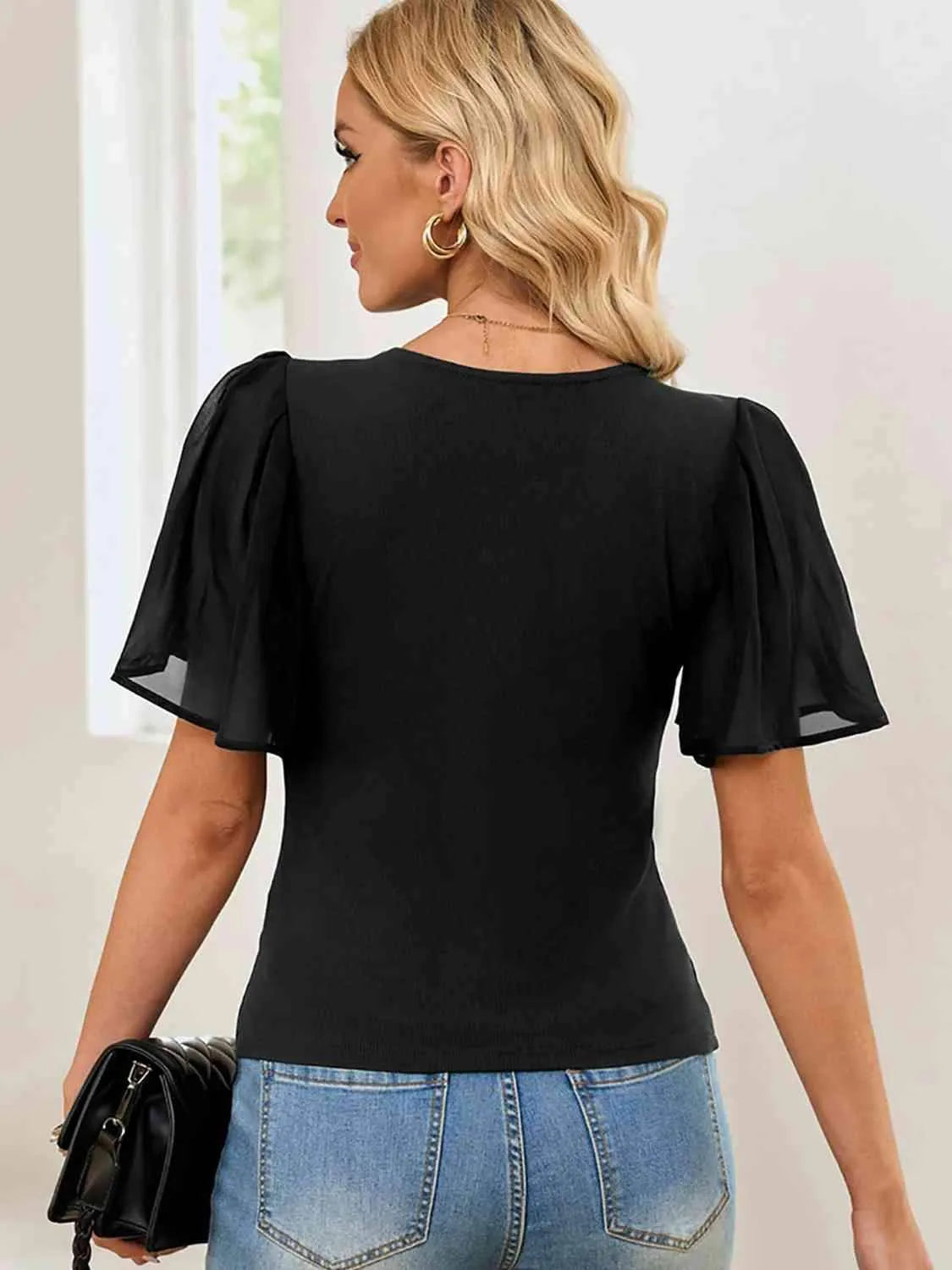 V-Neck Flutter Sleeve Top Blouses - Tophatter Daily Deals