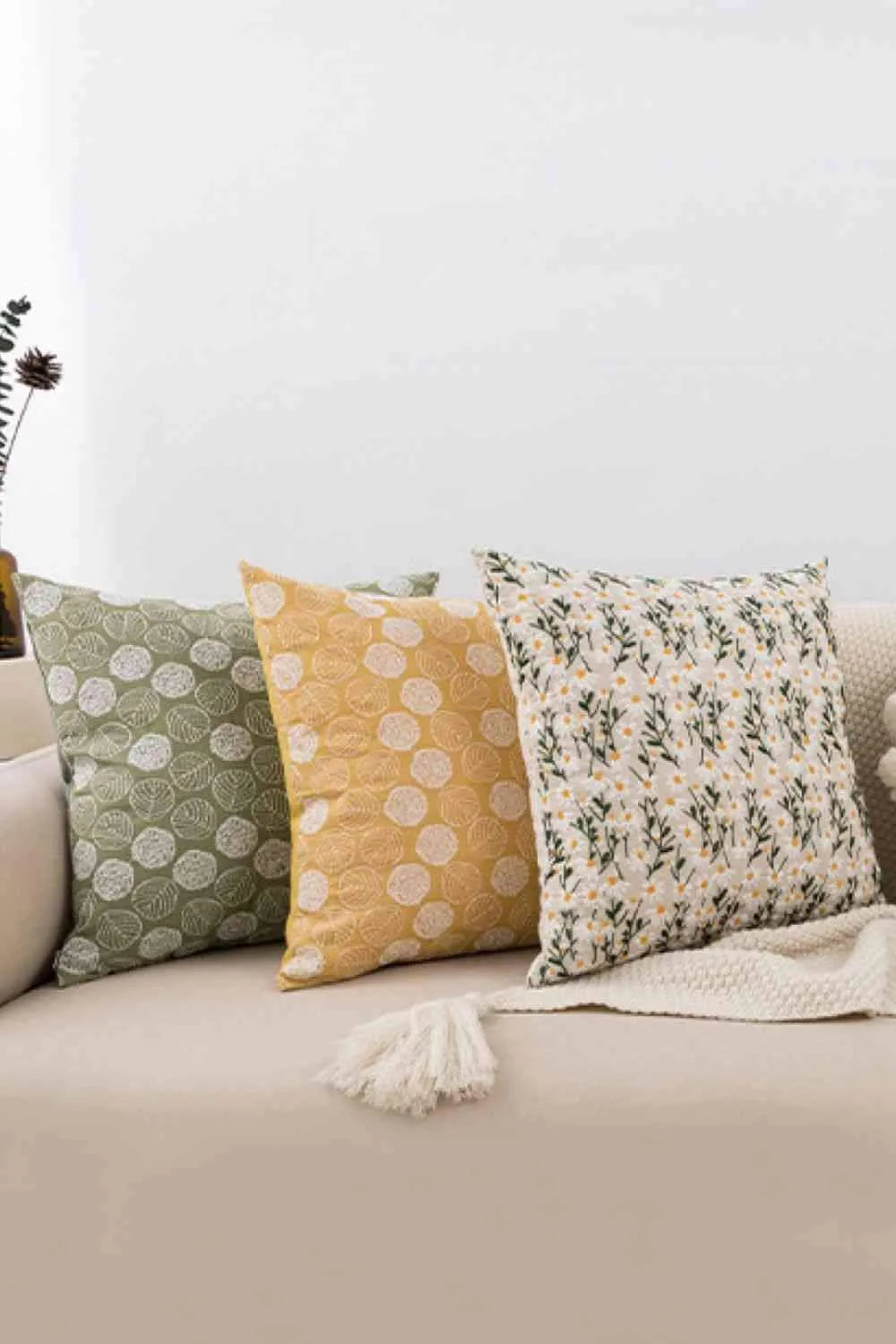 3-Pack Botanical Embroidery Decorative Throw Pillow Cases Green Orange Cream One Size Decorative Pillowcases - Tophatter Daily Deals