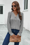 Buttoned Notched Neck Long Sleeve T-Shirt Women's T-Shirts - Tophatter Daily Deals