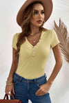 Buttoned Short Sleeve Tee Shirt Yellow Green Women's T-Shirts - Tophatter Daily Deals