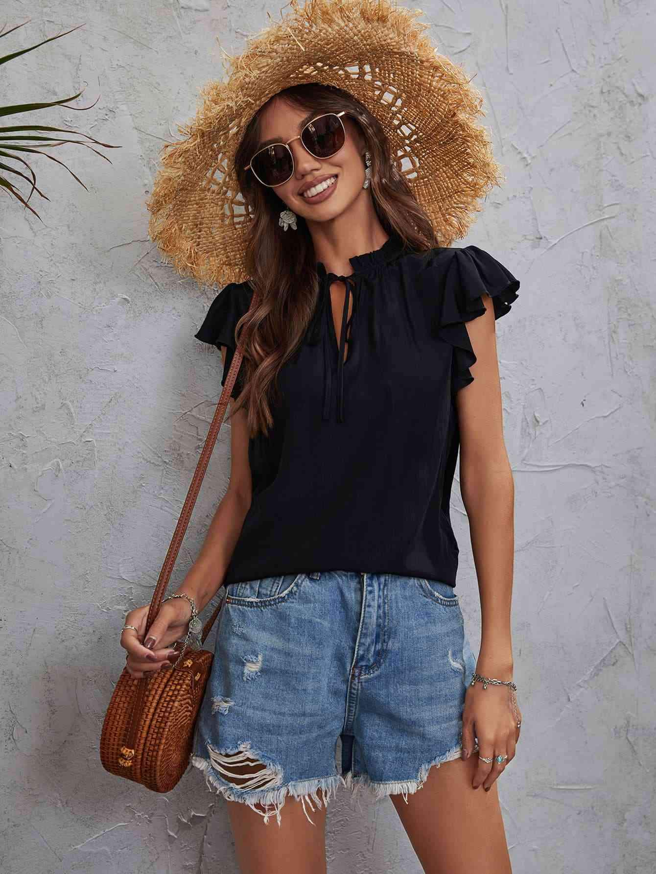 Tie Neck Flutter Sleeve Top Black Blouses - Tophatter Daily Deals