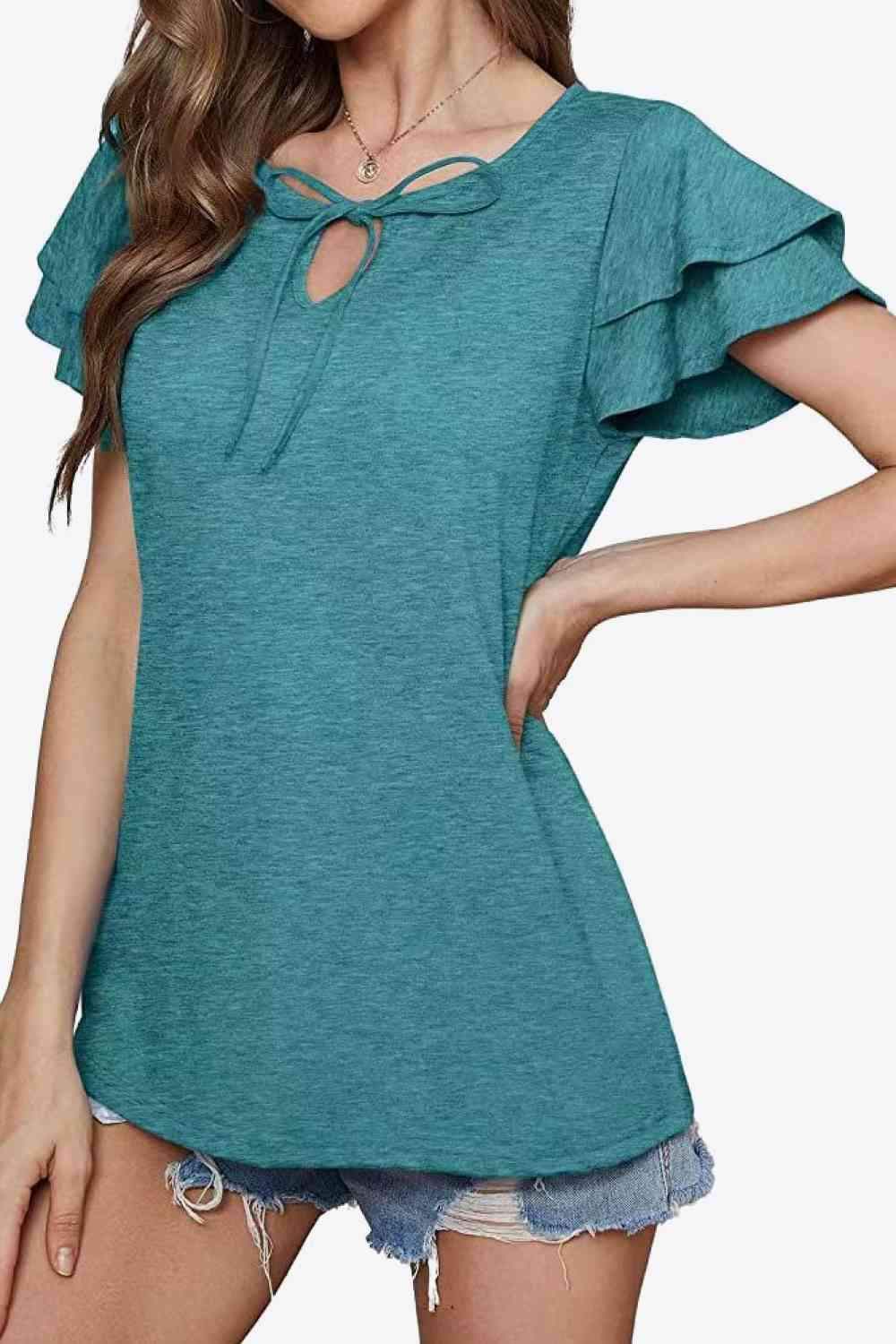 Tie-Neck Layered Flutter Sleeve Blouse Blouses - Tophatter Daily Deals