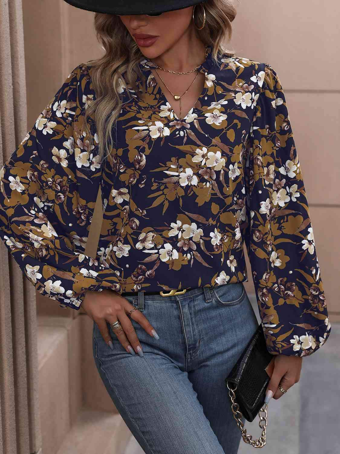 Floral Notched Balloon Sleeve Blouse Blouses - Tophatter Daily Deals